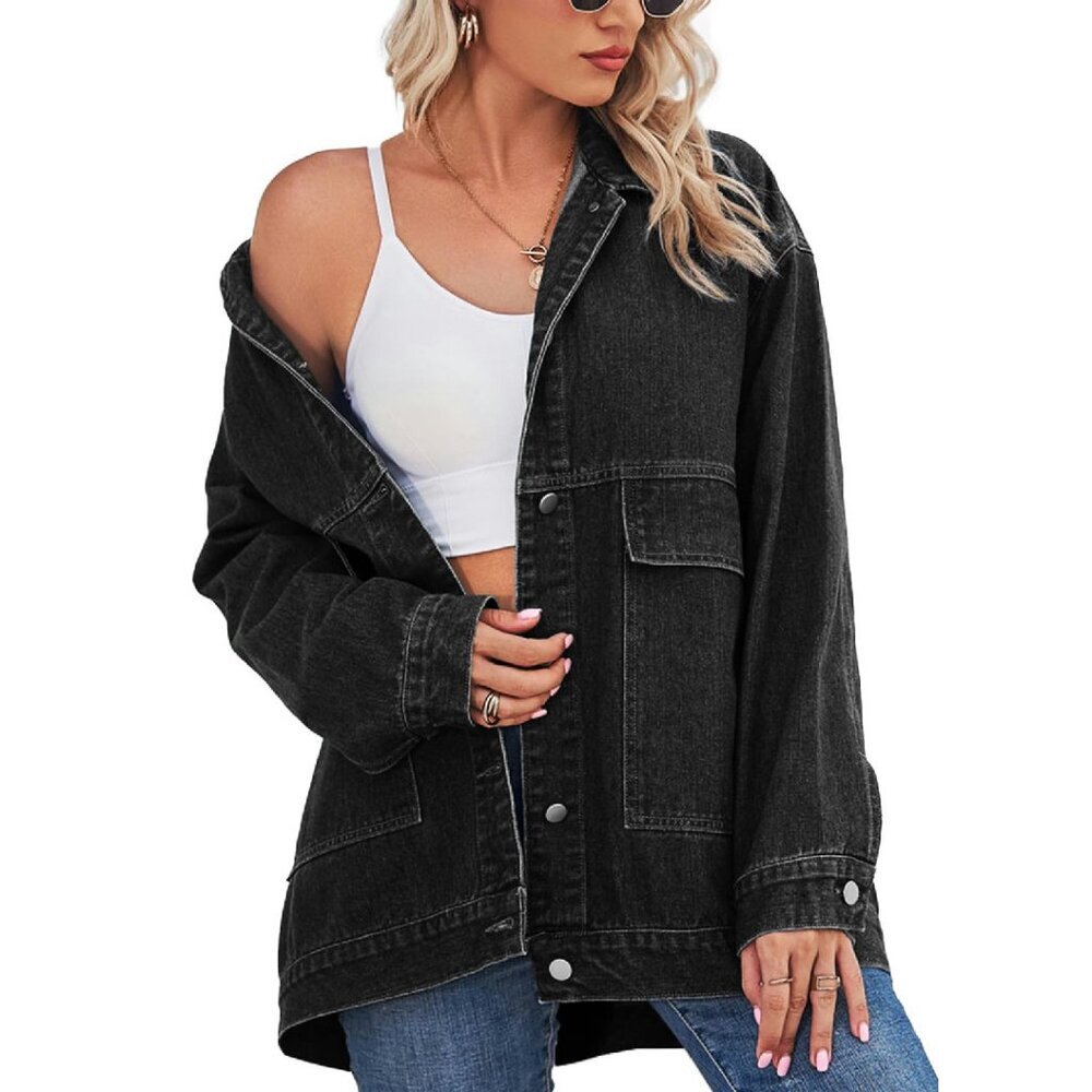Oversized Denim Jacket Vintage Style Button Front Flap Pockets